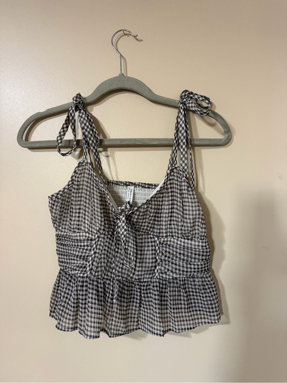 American Eagle Outfitters Brown and White Gingham Tie-Shoulder Peplum Camisole